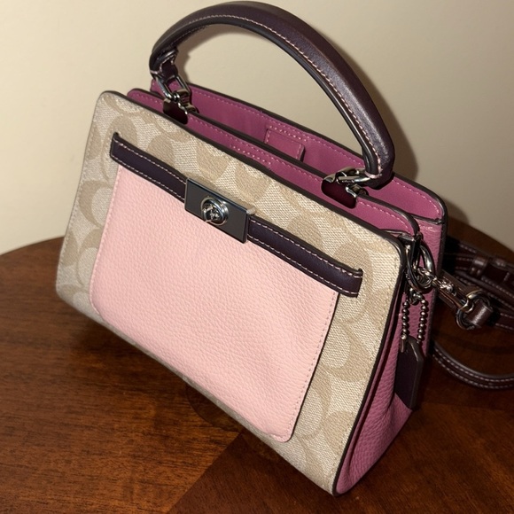 Coach Mini Lane color block mini Bagmonogram brown/tan Peach & raspberry NWOT